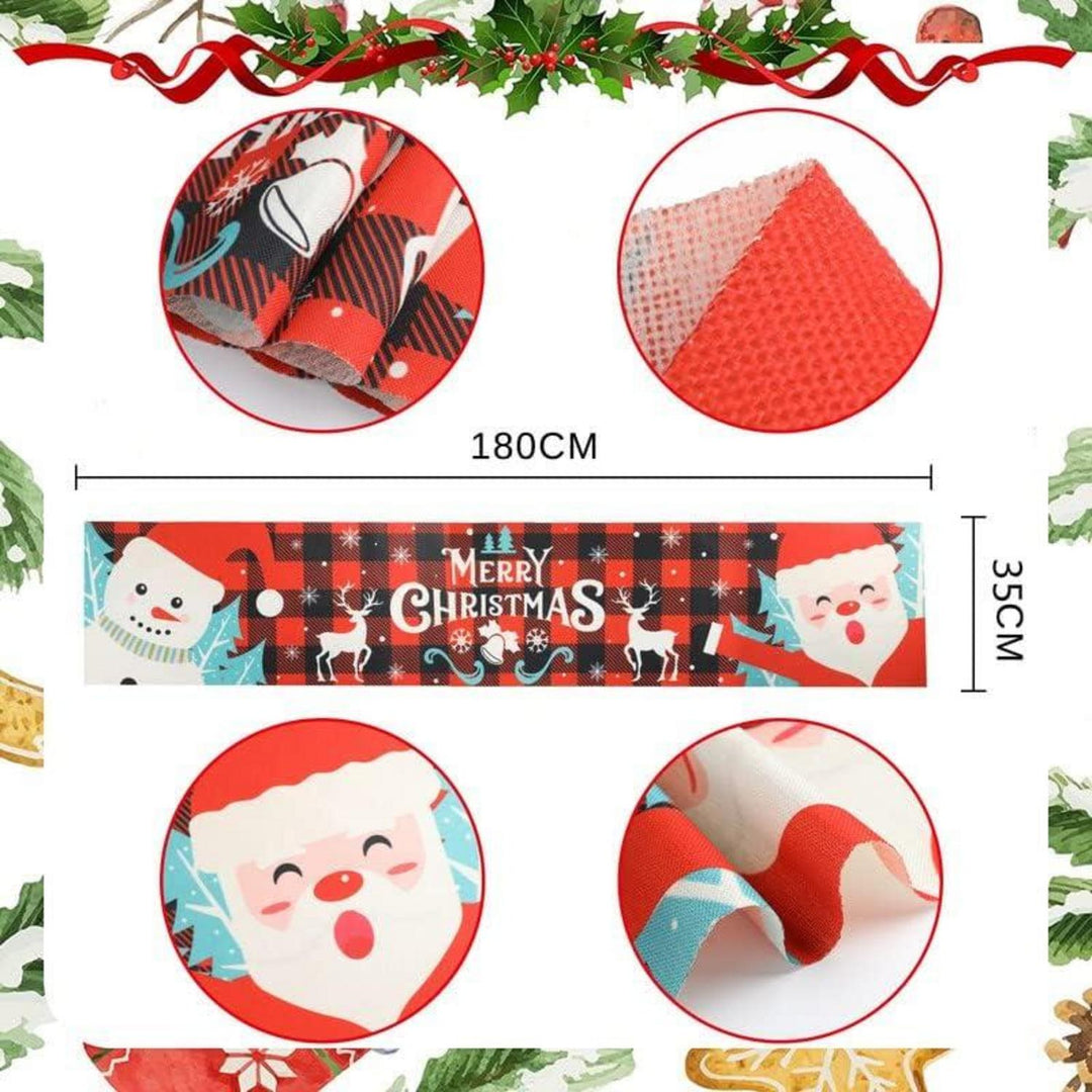 Weihnachtlicher Tischläufer aus Leinen in Rot | 35 x 180 cm mit Schneemann, Elch und Weihnachtsmann für festliche Tischdekoration