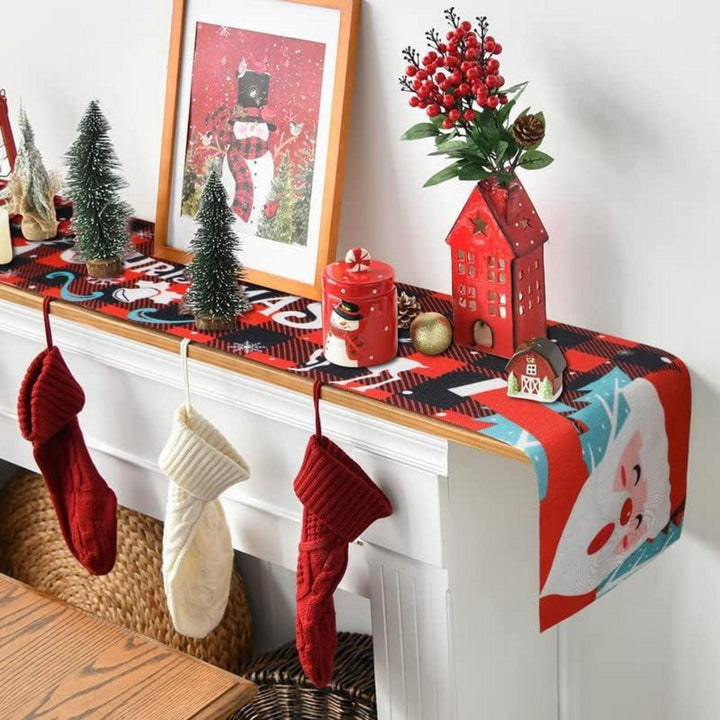 Weihnachtlicher Tischläufer aus Leinen in Rot | 35 x 180 cm mit Schneemann, Elch und Weihnachtsmann für festliche Tischdekoration