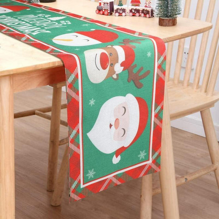Weihnachtlicher Tischläufer aus Leinen in Rot | 35 x 180 cm mit Schneemann, Elch und Weihnachtsmann für festliche Tischdekoration