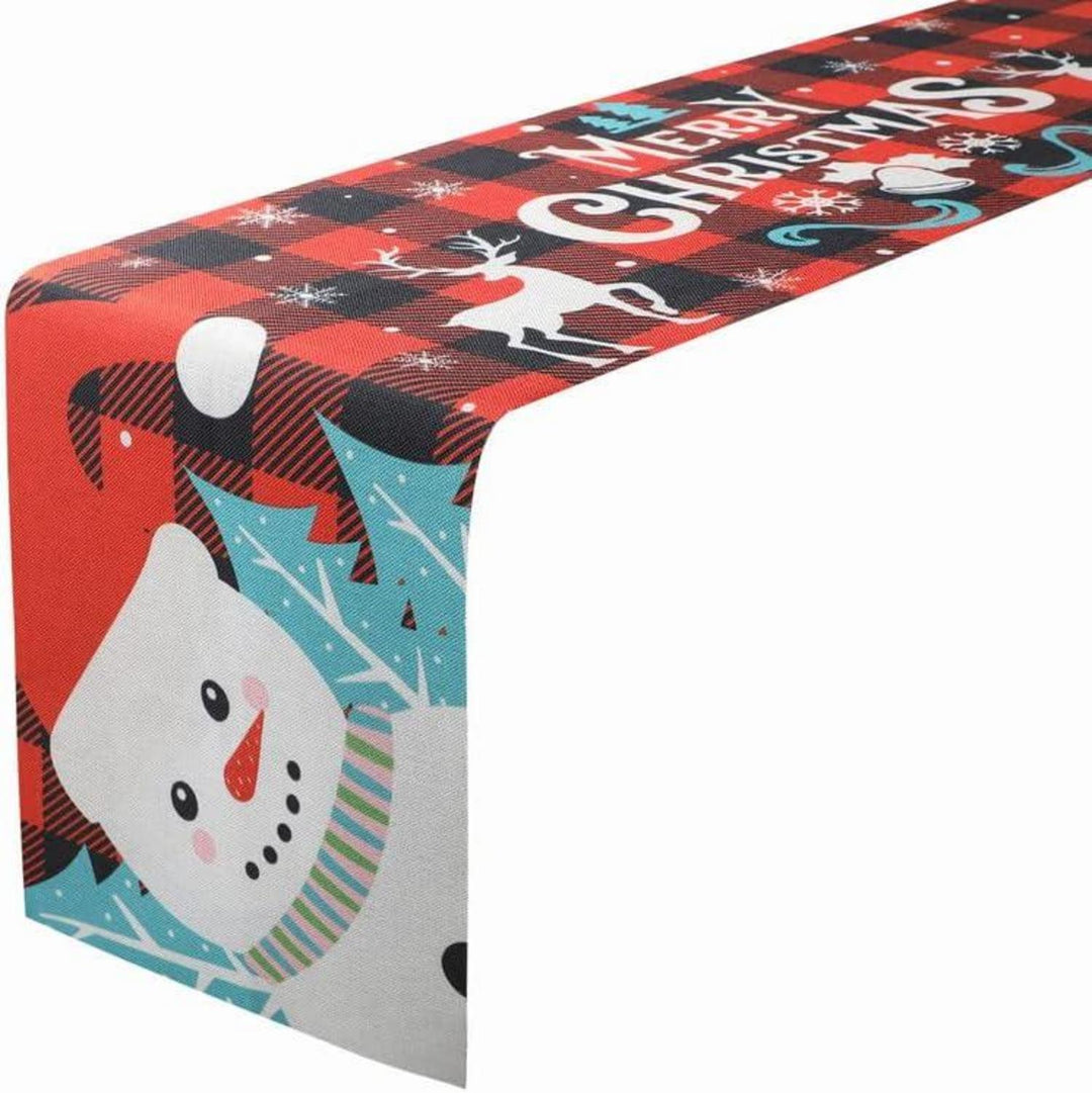 Weihnachtlicher Tischläufer aus Leinen in Rot | 35 x 180 cm mit Schneemann, Elch und Weihnachtsmann für festliche Tischdekoration