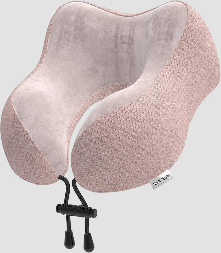 Nackenkissen Memory Foam Rosa für Flugzeug und Auto | Ergonomisches Reisekissen mit samtweichem, waschbarem Bezug und Tragetasche
