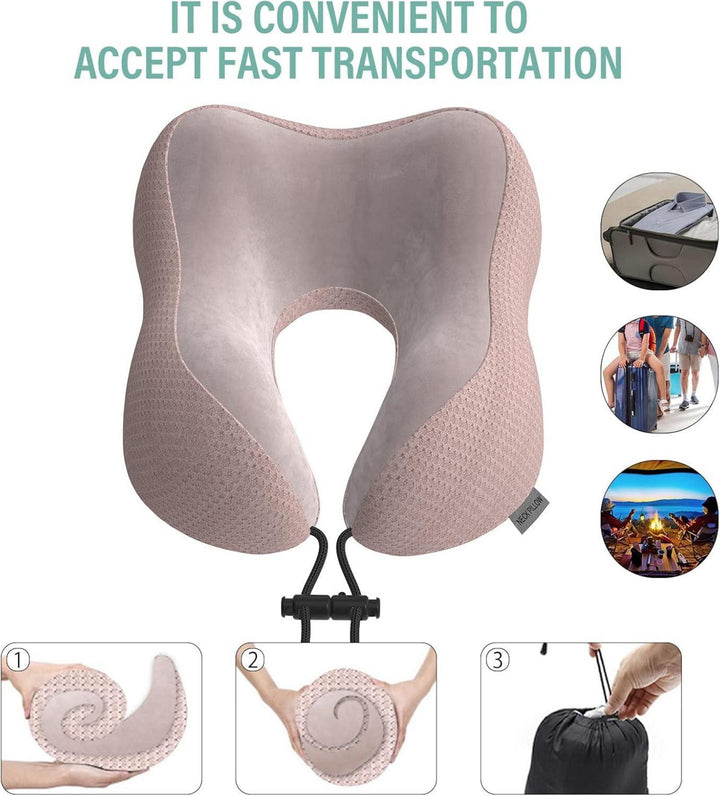 Nackenkissen Memory Foam Rosa für Flugzeug und Auto | Ergonomisches Reisekissen mit samtweichem, waschbarem Bezug und Tragetasche