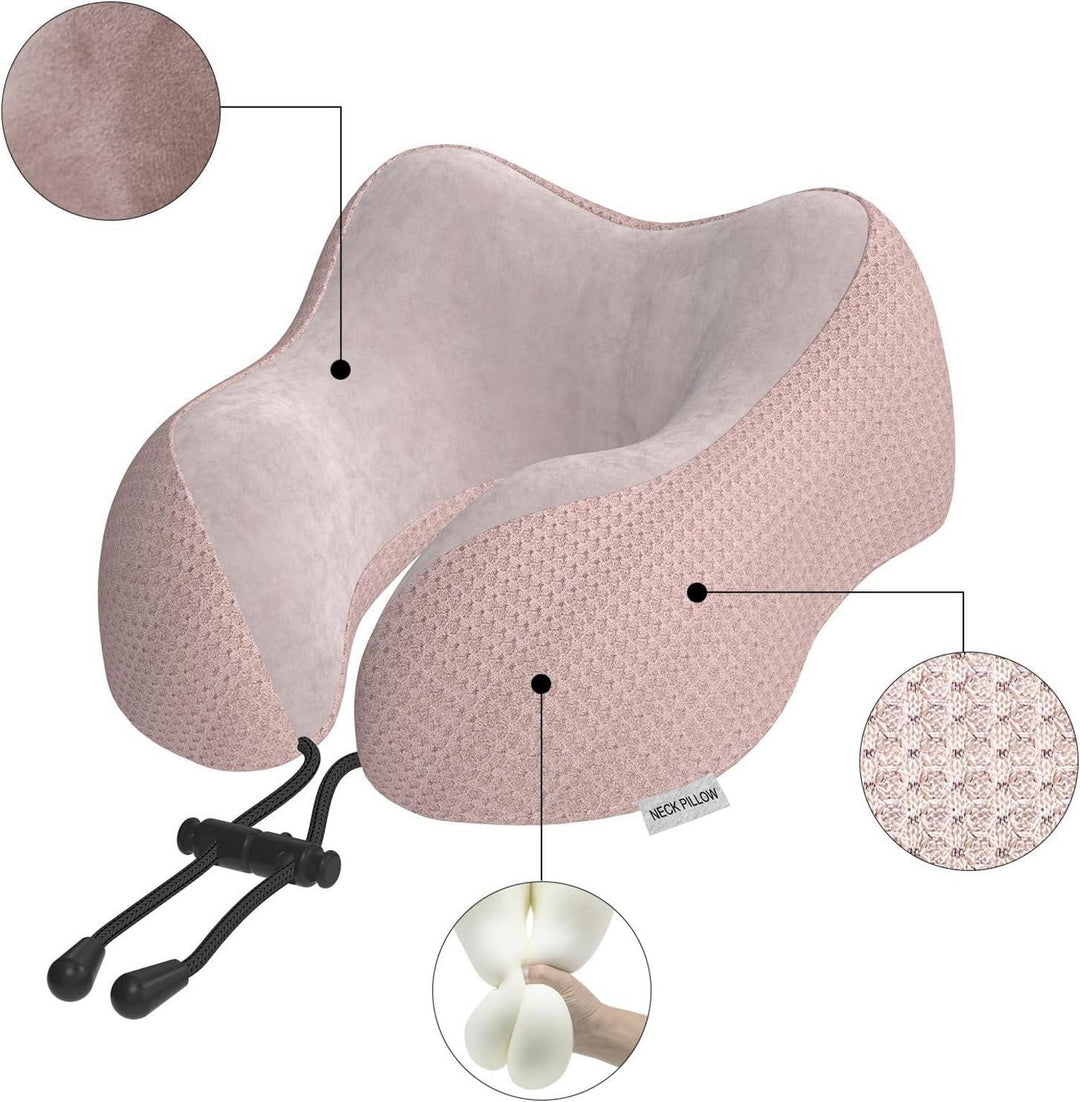 Nackenkissen Memory Foam Rosa für Flugzeug und Auto | Ergonomisches Reisekissen mit samtweichem, waschbarem Bezug und Tragetasche