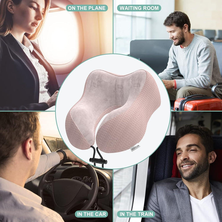 Nackenkissen Memory Foam Rosa für Flugzeug und Auto | Ergonomisches Reisekissen mit samtweichem, waschbarem Bezug und Tragetasche