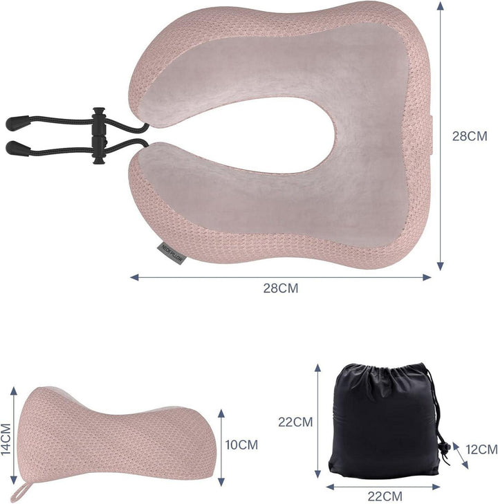 Nackenkissen Memory Foam Rosa für Flugzeug und Auto | Ergonomisches Reisekissen mit samtweichem, waschbarem Bezug und Tragetasche