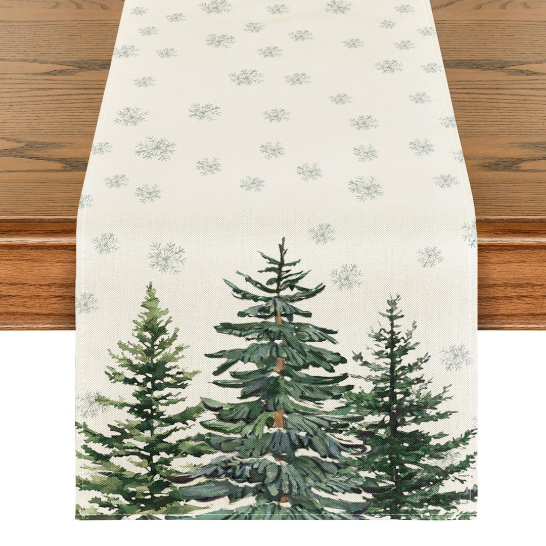 Weihnachtlicher Tischläufer Beige 40 x 180 cm | Mit Kiefern- und Schneeflockenmotiv, waschbare Tischdeko für Weihnachten und Advent
