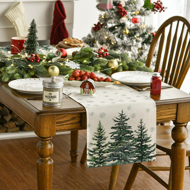 Weihnachtlicher Tischläufer Beige 40 x 180 cm | Mit Kiefern- und Schneeflockenmotiv, waschbare Tischdeko für Weihnachten und Advent