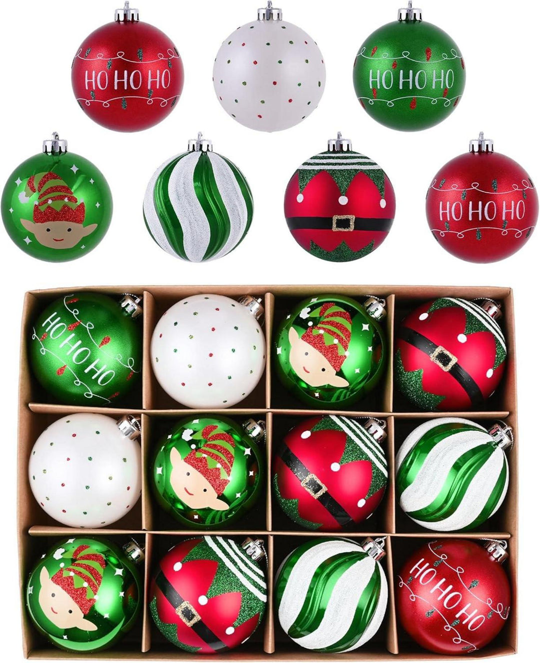 Weihnachtskugeln 12er Set 8 cm bruchsicher | Christbaumkugeln in Rot, Grün und Weiß mit 6 Designs und Aufhängeschnur für innen und außen
