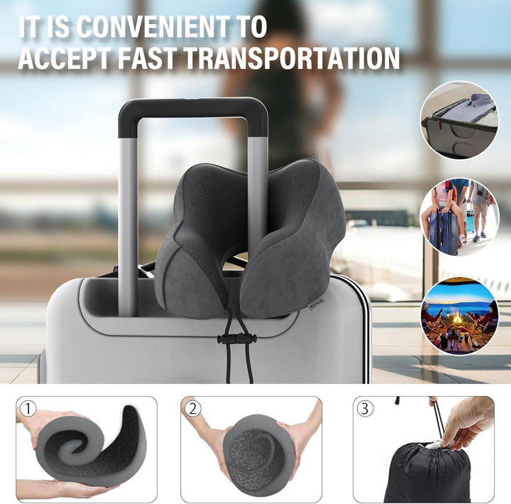 Nackenkissen Memory Foam für Flugzeug und Auto | Ergonomisches Reisekissen in Dunkelgrau mit waschbarem Samtbezug und Tragetasche