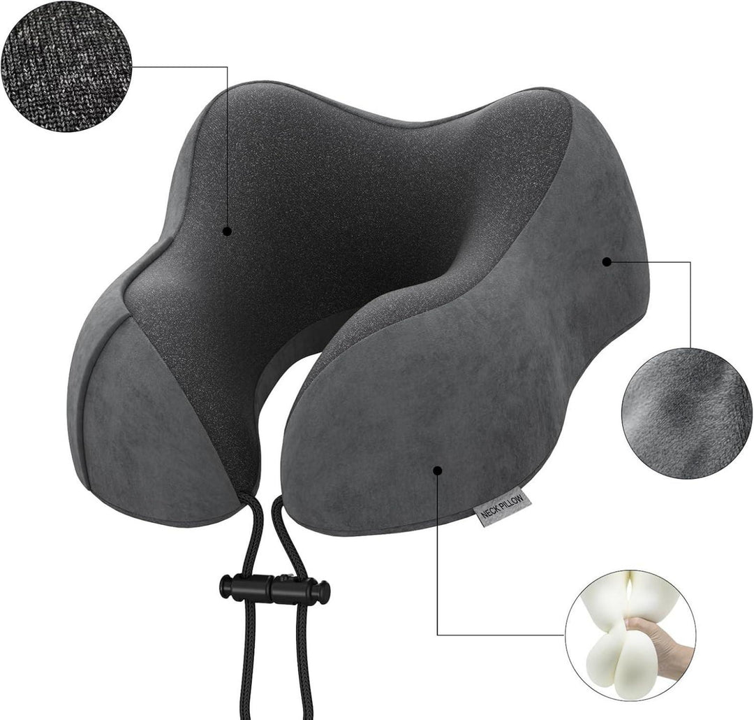 Nackenkissen Memory Foam für Flugzeug und Auto | Ergonomisches Reisekissen in Dunkelgrau mit waschbarem Samtbezug und Tragetasche