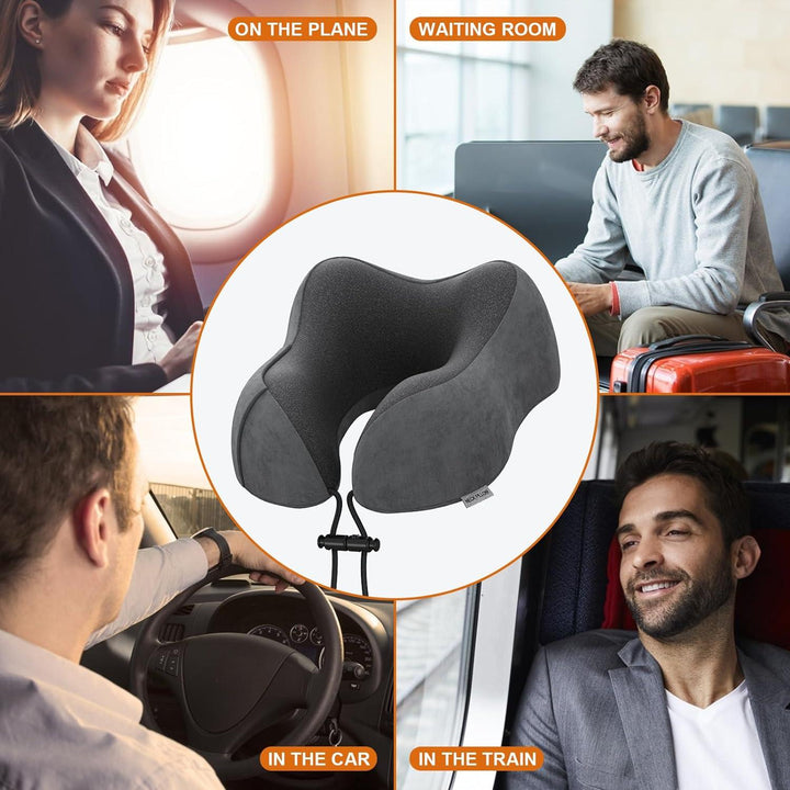 Nackenkissen Memory Foam für Flugzeug und Auto | Ergonomisches Reisekissen in Dunkelgrau mit waschbarem Samtbezug und Tragetasche