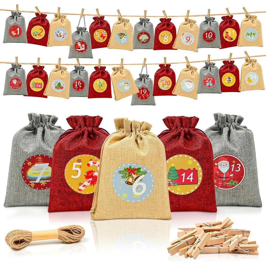Adventskalender zum Befüllen mit 24 Jute-Stoffbeuteln | Große Weihnachtssäckchen 18 x 13 cm mit Holzklammern und 10 m Hanfseil
