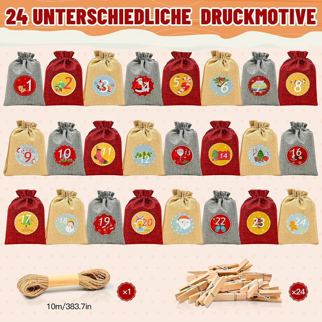 Adventskalender zum Befüllen mit 24 Jute-Stoffbeuteln | Große Weihnachtssäckchen 18 x 13 cm mit Holzklammern und 10 m Hanfseil