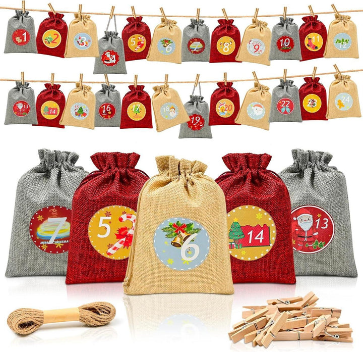 Adventskalender zum Befüllen mit 24 Jute-Stoffbeuteln | Große Weihnachtssäckchen 18 x 13 cm mit Holzklammern und 10 m Hanfseil