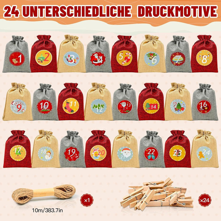 Adventskalender zum Befüllen mit 24 Jute-Stoffbeuteln | Große Weihnachtssäckchen 18 x 13 cm mit Holzklammern und 10 m Hanfseil