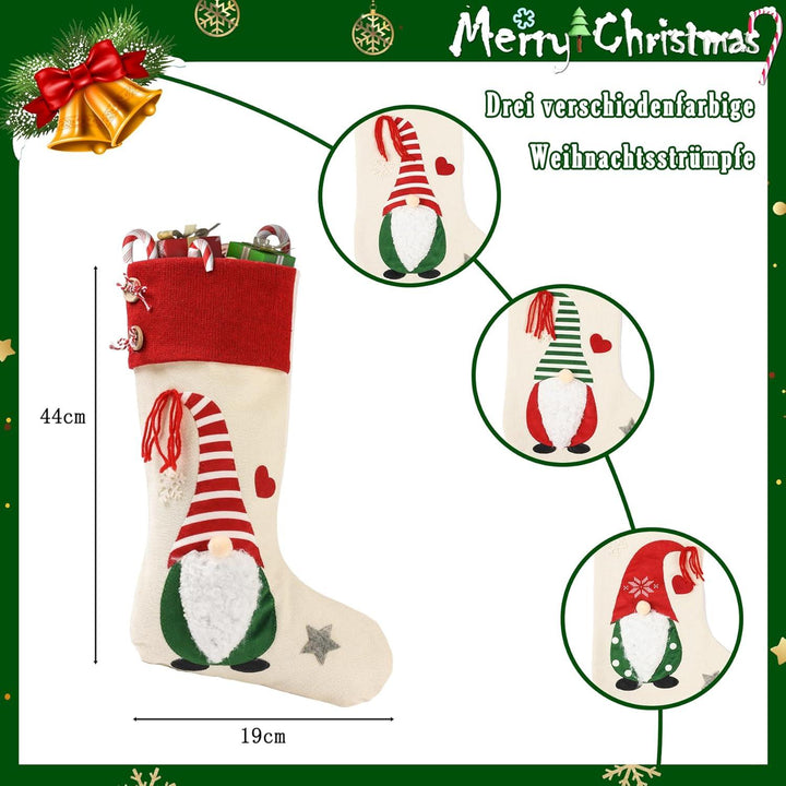 Weihnachtsstrümpfe 3er Set 45 cm aus Leinen | Große Nikolausstrümpfe mit 3D-Weihnachtsmann-Motiv zum Befüllen und Aufhängen