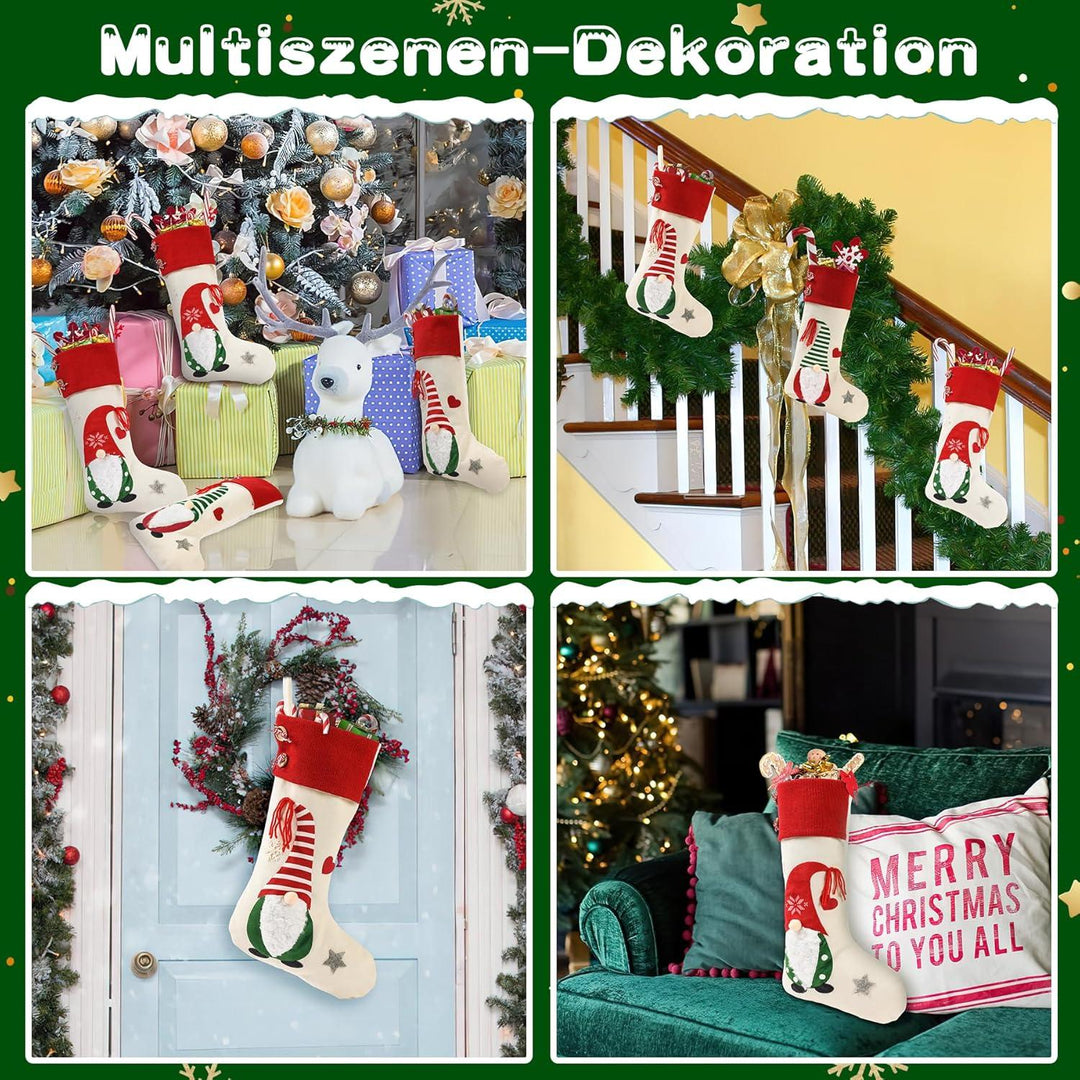 Weihnachtsstrümpfe 3er Set 45 cm aus Leinen | Große Nikolausstrümpfe mit 3D-Weihnachtsmann-Motiv zum Befüllen und Aufhängen