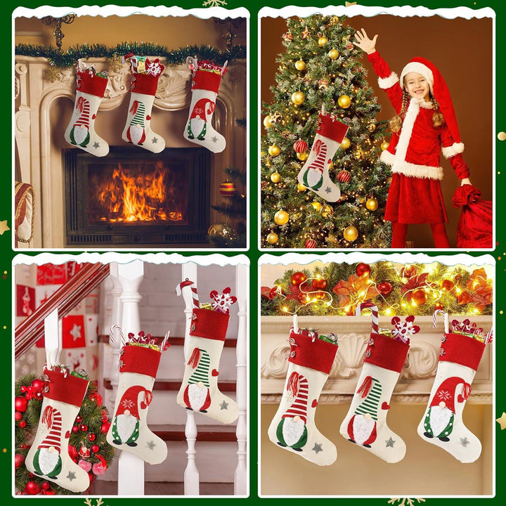 Weihnachtsstrümpfe 3er Set 45 cm aus Leinen | Große Nikolausstrümpfe mit 3D-Weihnachtsmann-Motiv zum Befüllen und Aufhängen