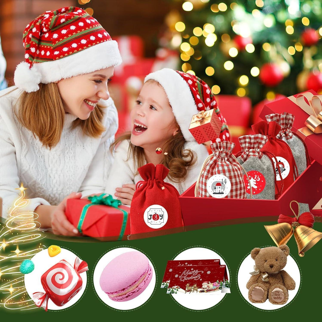 Adventskalender 2026 zum Befüllen mit 24 roten Stoffsäckchen | Weihnachtskalender für Kinder mit Zahlenaufklebern, Holzklammern und Kordel