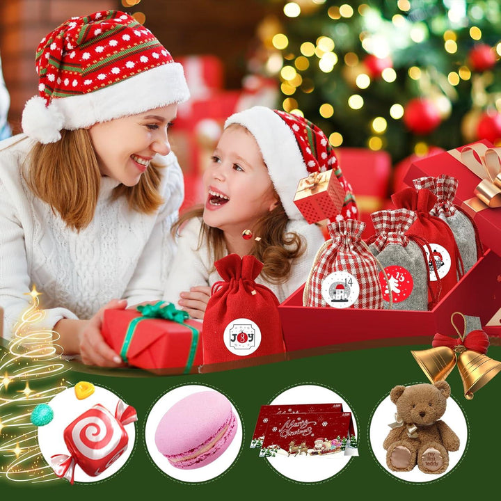 Adventskalender 2026 zum Befüllen mit 24 roten Stoffsäckchen | Weihnachtskalender für Kinder mit Zahlenaufklebern, Holzklammern und Kordel