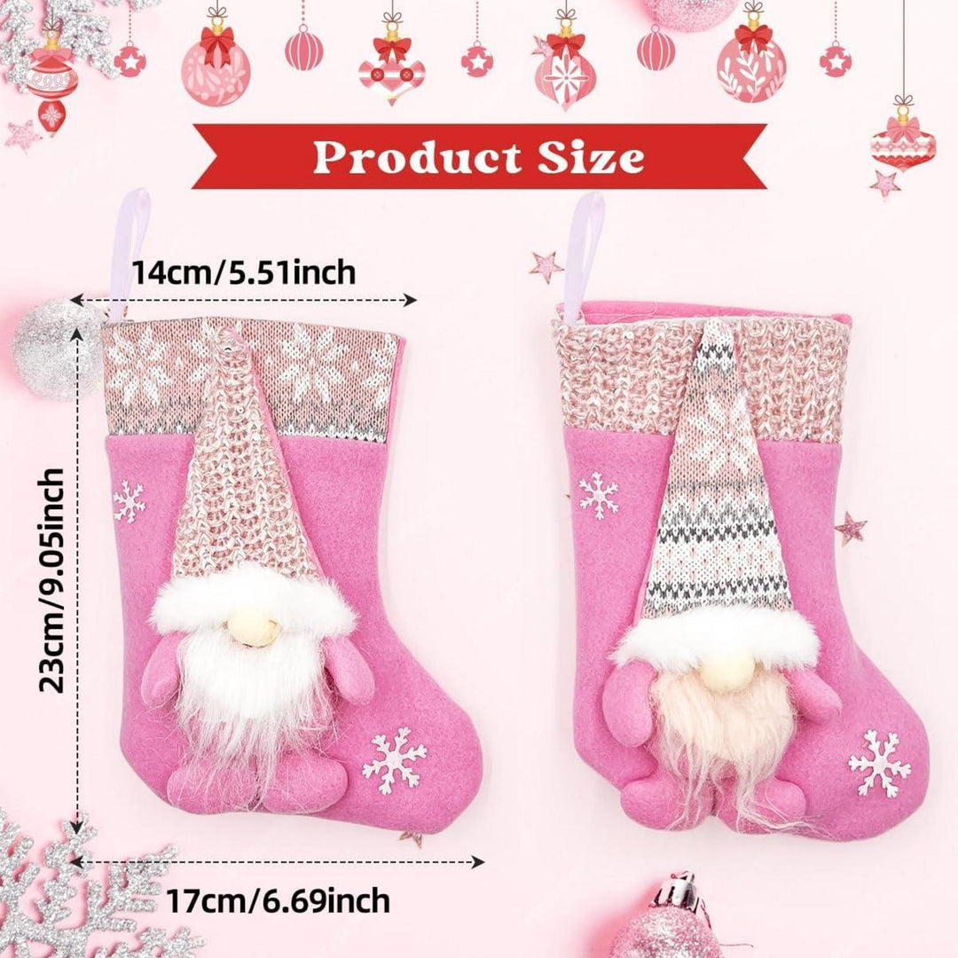 Nikolausstrumpf Kinder 2er Set aus weichem Flanell | Rosa Weihnachtssocken 23 cm mit Weihnachtszwerg-Motiv zum Befüllen und Aufhängen