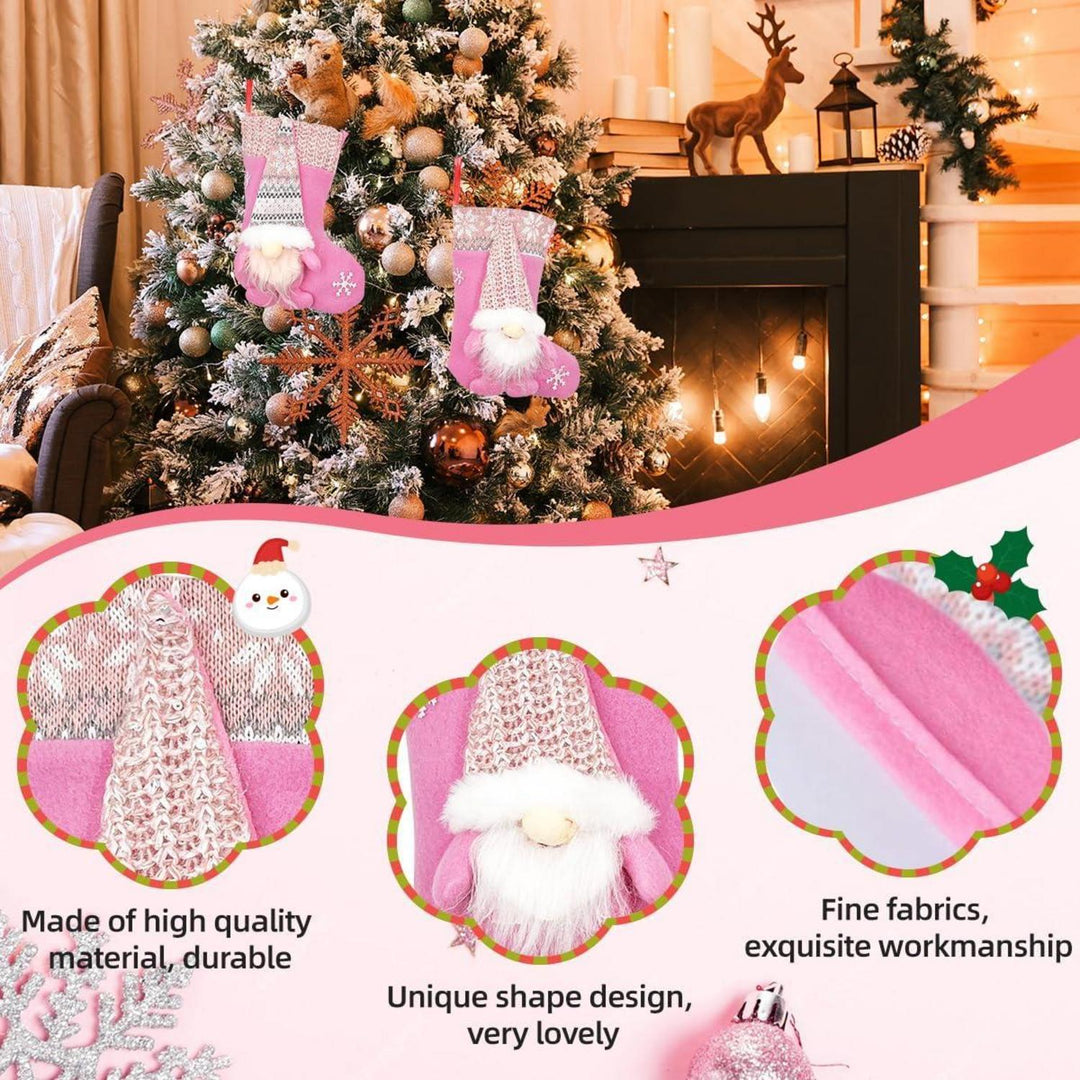 Nikolausstrumpf Kinder 2er Set aus weichem Flanell | Rosa Weihnachtssocken 23 cm mit Weihnachtszwerg-Motiv zum Befüllen und Aufhängen