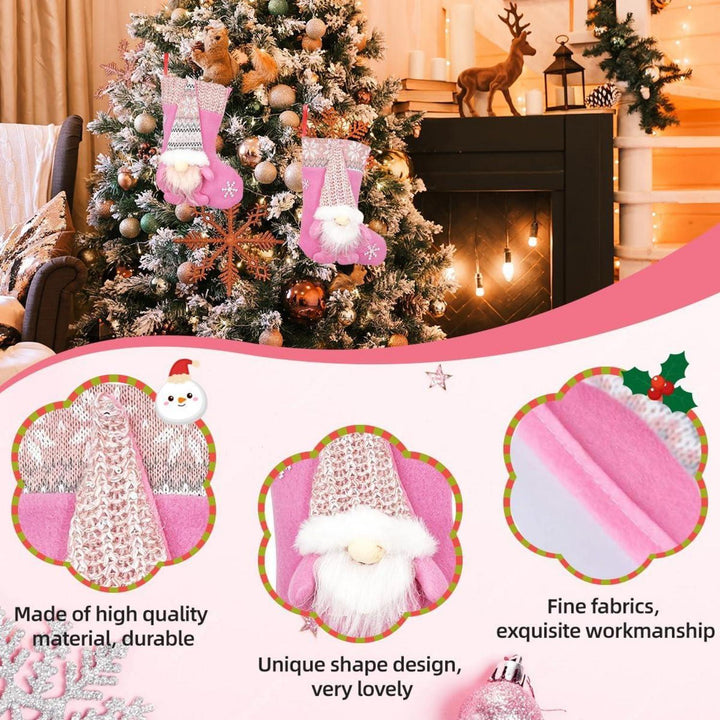 Nikolausstrumpf Kinder 2er Set aus weichem Flanell | Rosa Weihnachtssocken 23 cm mit Weihnachtszwerg-Motiv zum Befüllen und Aufhängen