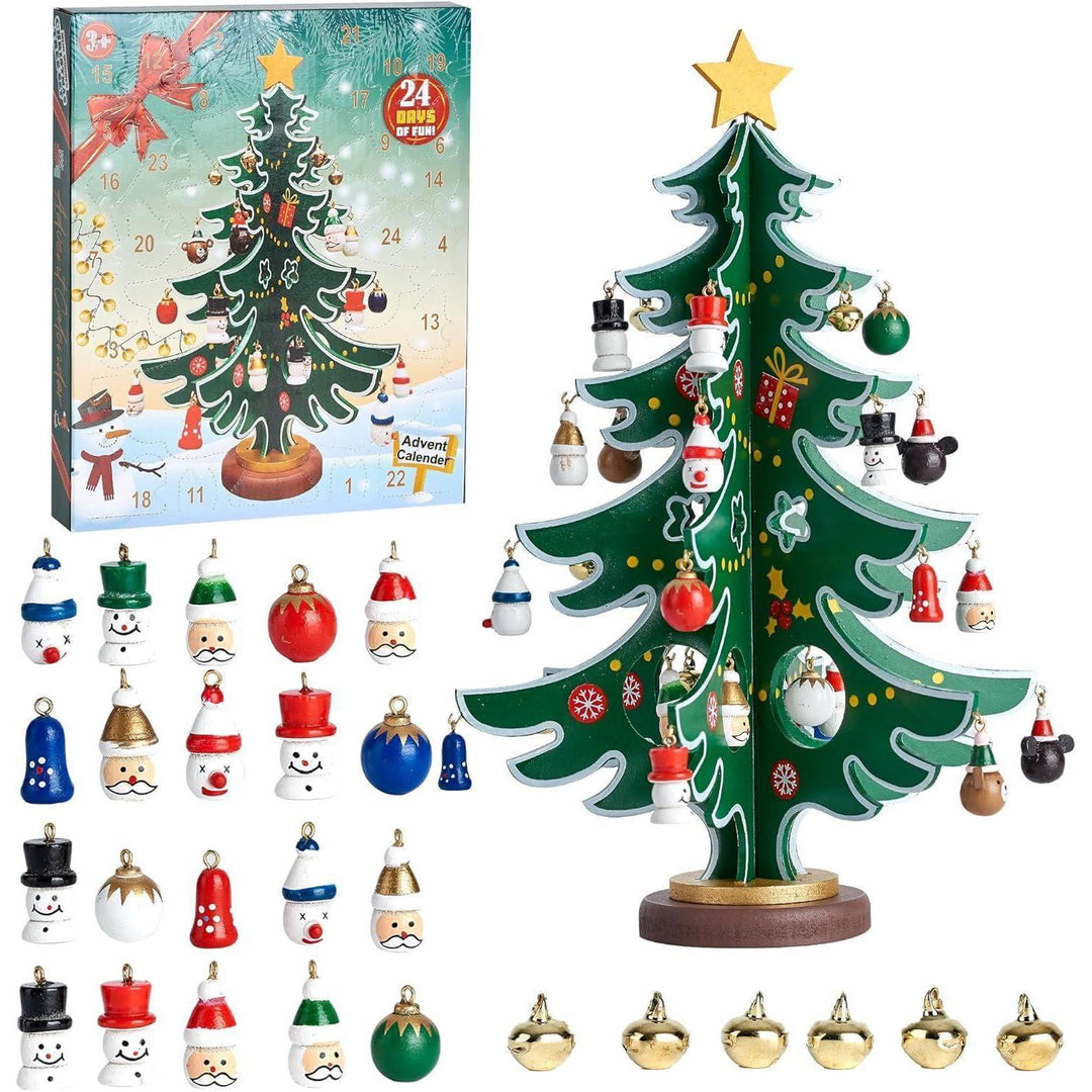 DIY Adventskalender für Kinder mit Mini-Weihnachtsbaum | 24 Tage Countdown mit 30 handbemalten Anhängern aus Holz und Harz zum Schmücken