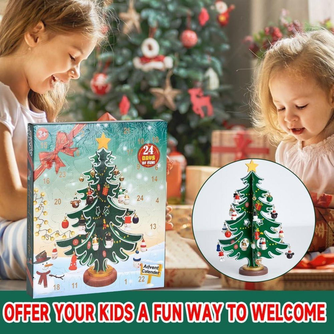 DIY Adventskalender für Kinder mit Mini-Weihnachtsbaum | 24 Tage Countdown mit 30 handbemalten Anhängern aus Holz und Harz zum Schmücken