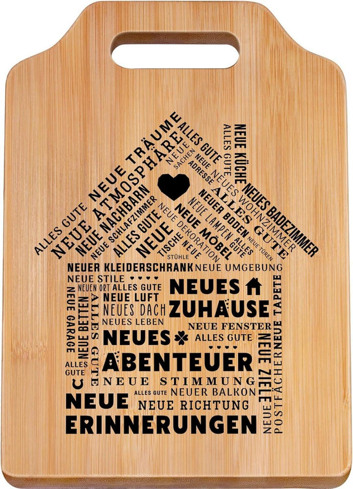 Bambus Schneidebrett als Einzugsgeschenk | Dekoratives Küchenbrett mit Hausmotiv und praktischem Griff zur Wohnungseinweihung