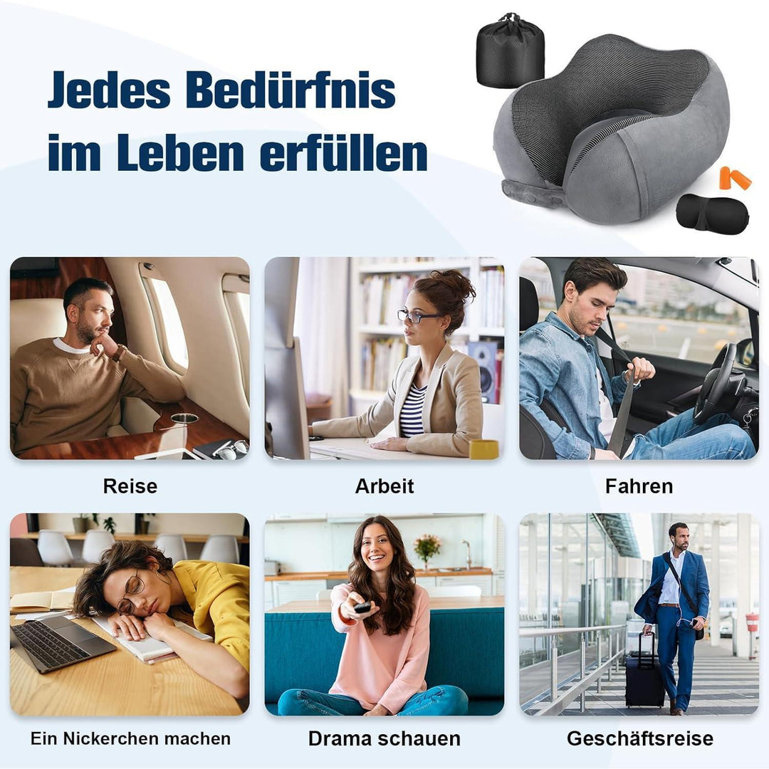 Nackenkissen Memory Foam Grau für Flugzeug und Auto | Verstellbares Reisekissen mit Flachrücken, waschbarem Bezug und Reiseset