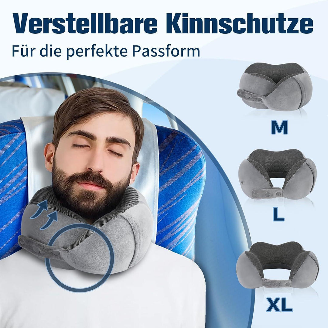 Nackenkissen Memory Foam Grau für Flugzeug und Auto | Verstellbares Reisekissen mit Flachrücken, waschbarem Bezug und Reiseset