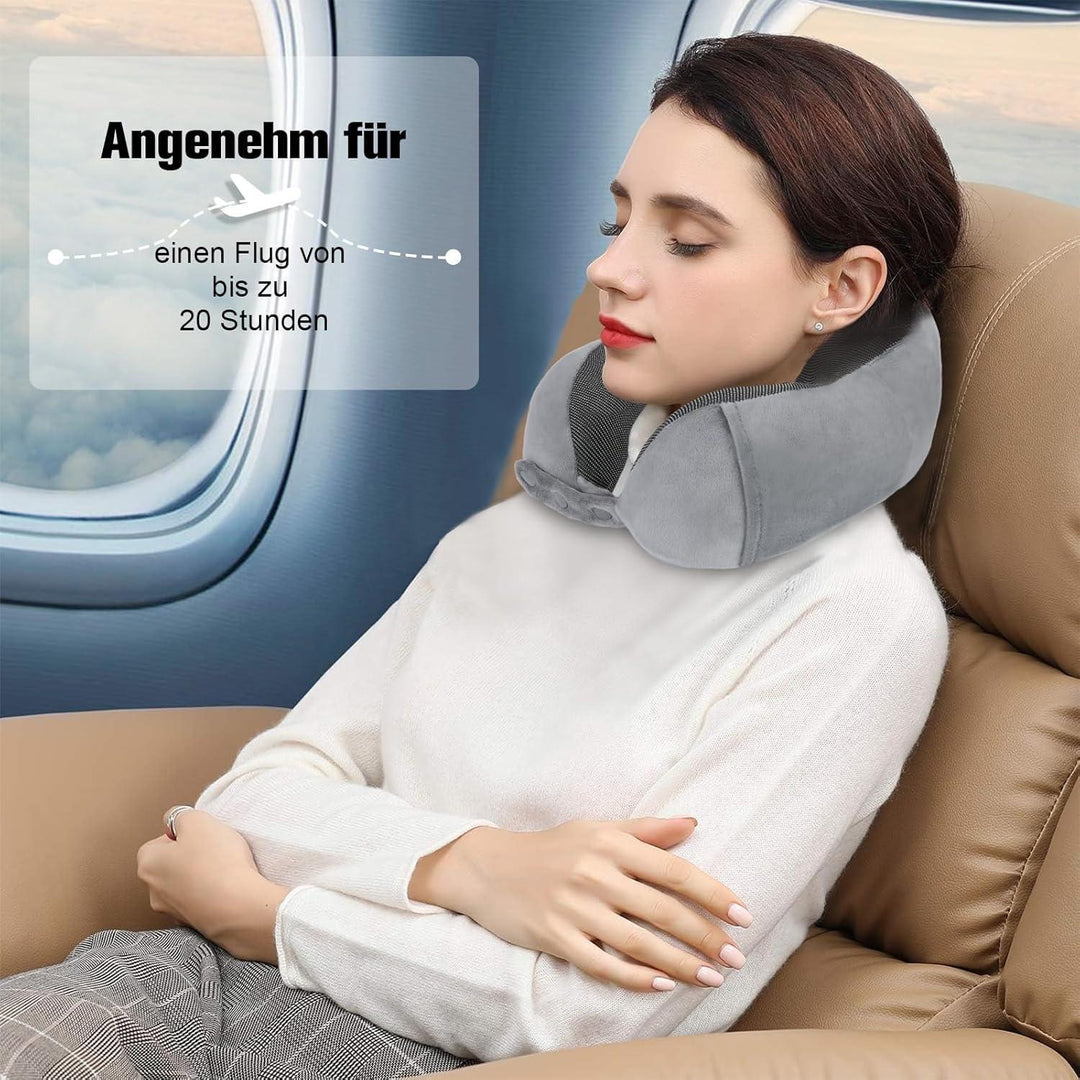 Nackenkissen Memory Foam Grau für Flugzeug und Auto | Verstellbares Reisekissen mit Flachrücken, waschbarem Bezug und Reiseset