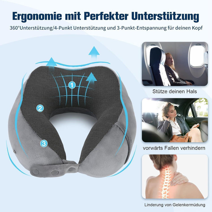 Nackenkissen Memory Foam Grau für Flugzeug und Auto | Verstellbares Reisekissen mit Flachrücken, waschbarem Bezug und Reiseset