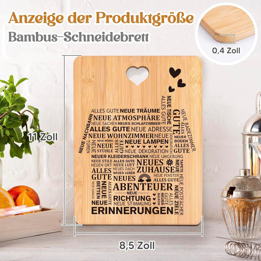 Einzugsgeschenk Schneidebrett | Graviertes Bambusbrett mit Hausmotiv, Glückwünschen und praktischem Griff für die Einweihungsfeier