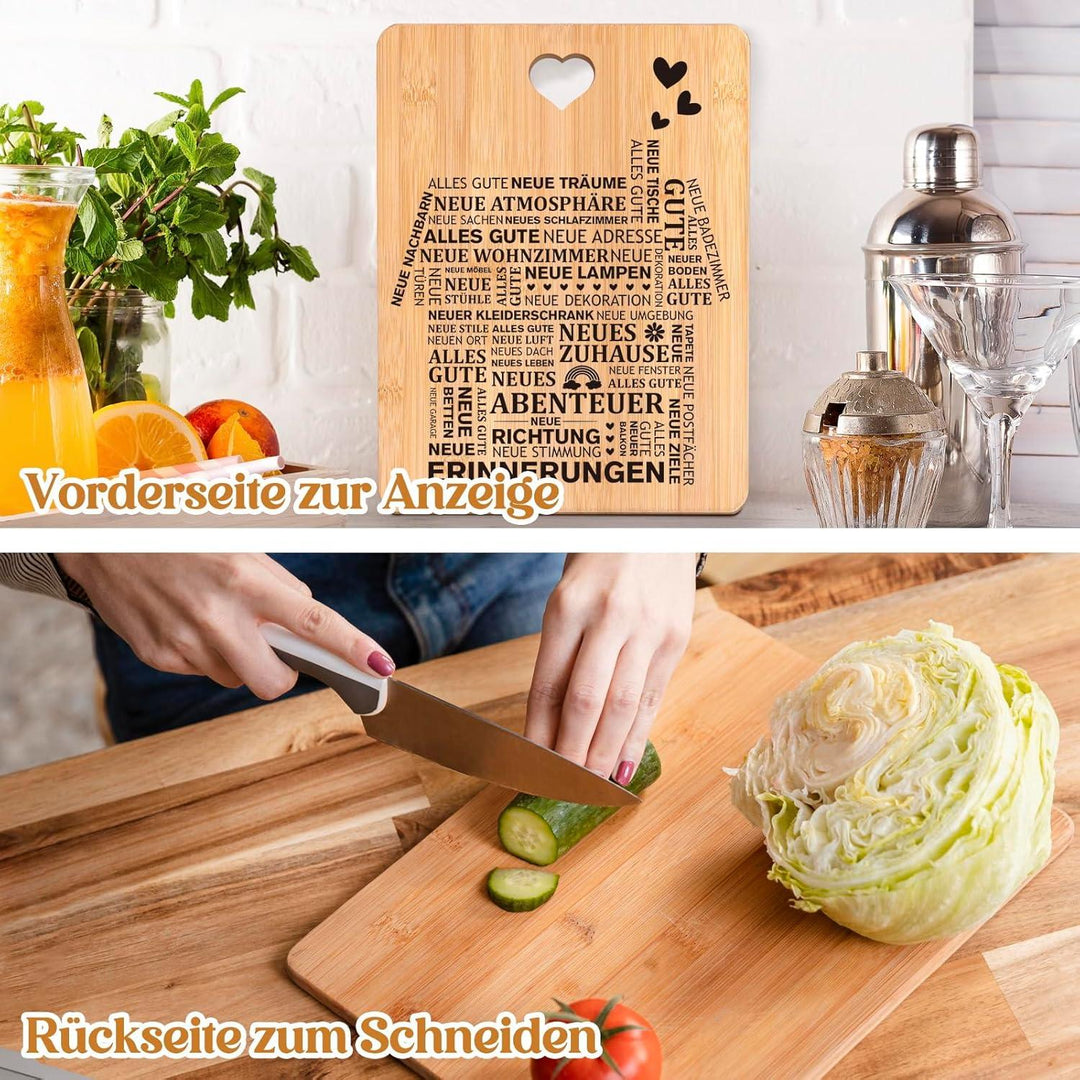Einzugsgeschenk Schneidebrett | Graviertes Bambusbrett mit Hausmotiv, Glückwünschen und praktischem Griff für die Einweihungsfeier