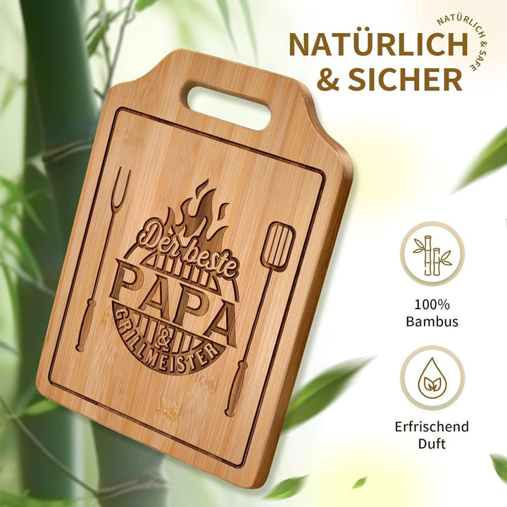 Schneidebrett für Papa | Graviertes Bambusbrett mit Grillmeister-Spruch als Geschenk zum Vatertag, Geburtstag oder zu Weihnachten