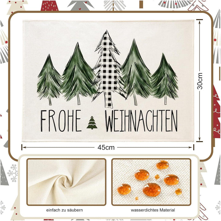 Weihnachtliche Tischsets 4er Set in Grün | Wasserabweisende Platzsets aus Leinen-Mischgewebe, 30 x 45 cm, abwaschbare Weihnachtsdeko