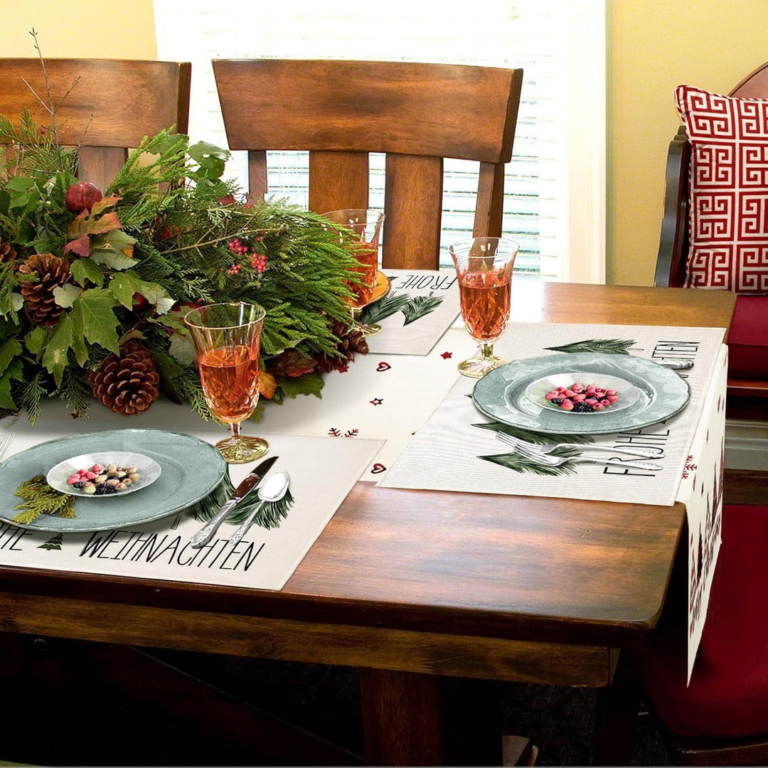 Weihnachtliche Tischsets 4er Set in Grün | Wasserabweisende Platzsets aus Leinen-Mischgewebe, 30 x 45 cm, abwaschbare Weihnachtsdeko