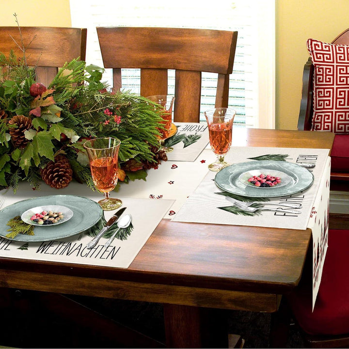 Weihnachtliche Tischsets 4er Set in Grün | Wasserabweisende Platzsets aus Leinen-Mischgewebe, 30 x 45 cm, abwaschbare Weihnachtsdeko