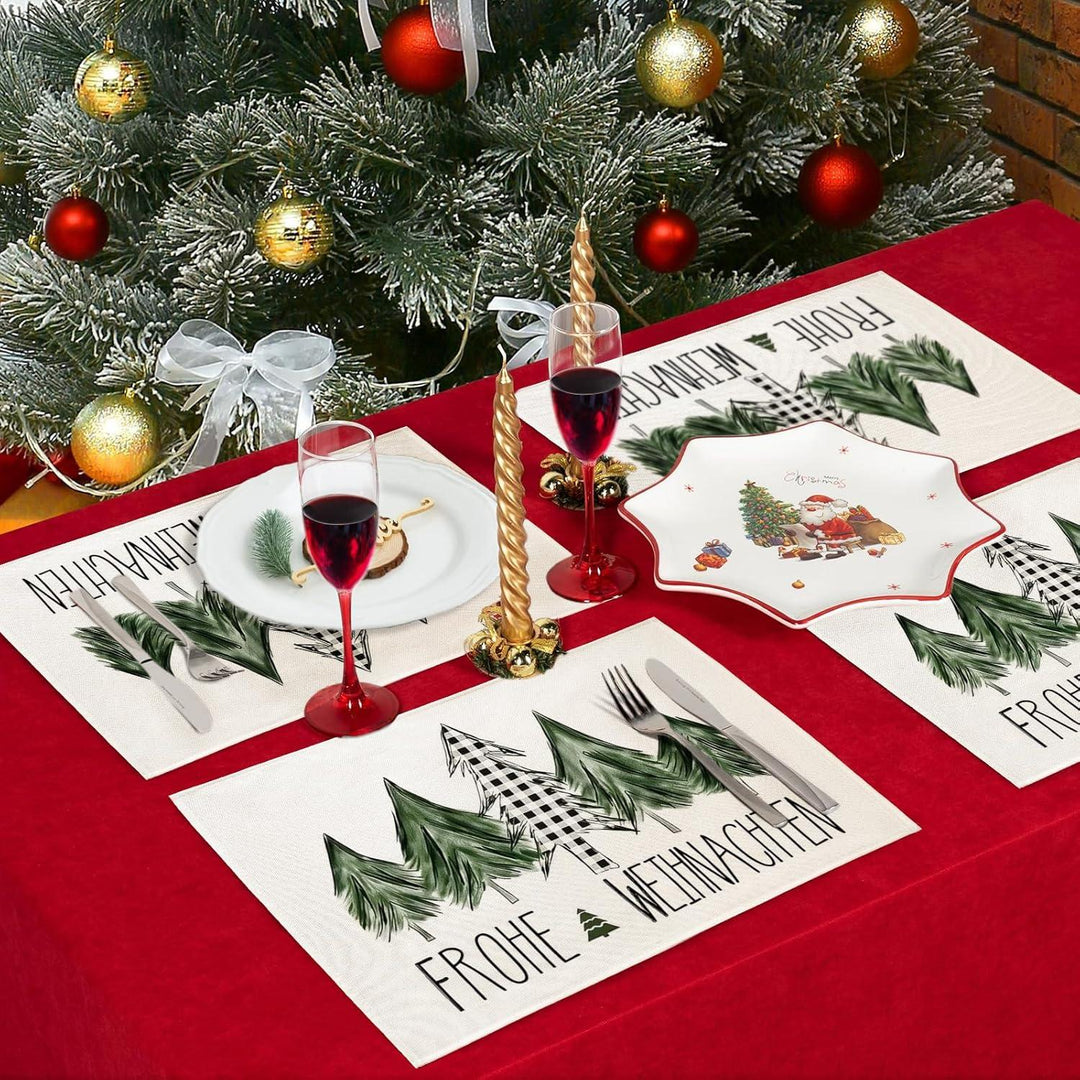 Weihnachtliche Tischsets 4er Set in Grün | Wasserabweisende Platzsets aus Leinen-Mischgewebe, 30 x 45 cm, abwaschbare Weihnachtsdeko