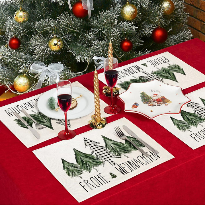 Weihnachtliche Tischsets 4er Set in Grün | Wasserabweisende Platzsets aus Leinen-Mischgewebe, 30 x 45 cm, abwaschbare Weihnachtsdeko