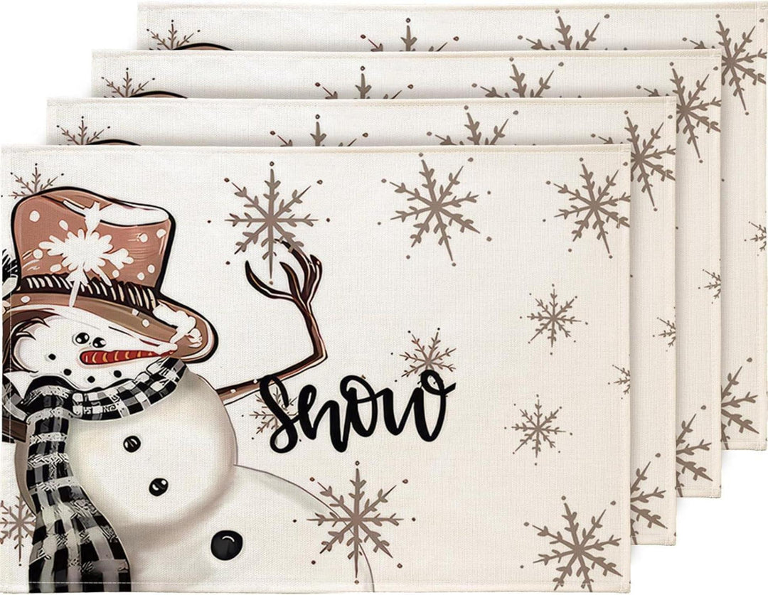 Weihnachts-Tischsets 4er Set 30 x 45 cm | Abwaschbare Platzsets mit Schneemann-Motiv aus wasserabweisendem Leinen-Mischgewebe