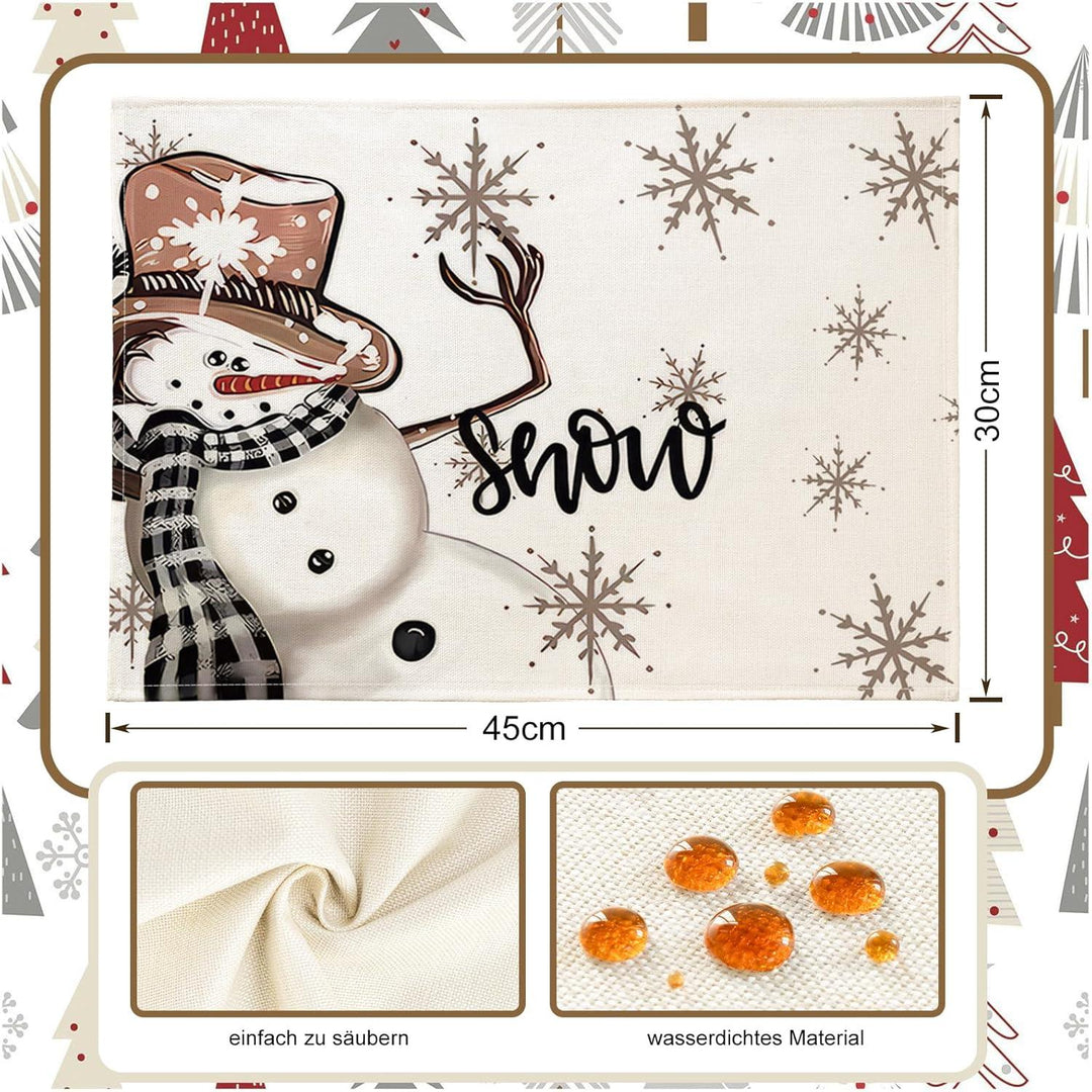 Weihnachts-Tischsets 4er Set 30 x 45 cm | Abwaschbare Platzsets mit Schneemann-Motiv aus wasserabweisendem Leinen-Mischgewebe