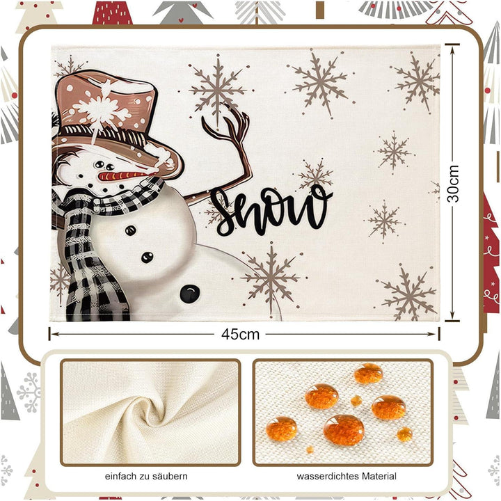 Weihnachts-Tischsets 4er Set 30 x 45 cm | Abwaschbare Platzsets mit Schneemann-Motiv aus wasserabweisendem Leinen-Mischgewebe