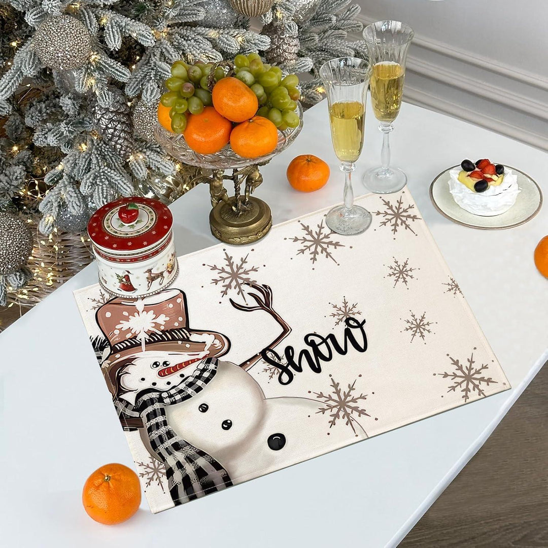 Weihnachts-Tischsets 4er Set 30 x 45 cm | Abwaschbare Platzsets mit Schneemann-Motiv aus wasserabweisendem Leinen-Mischgewebe