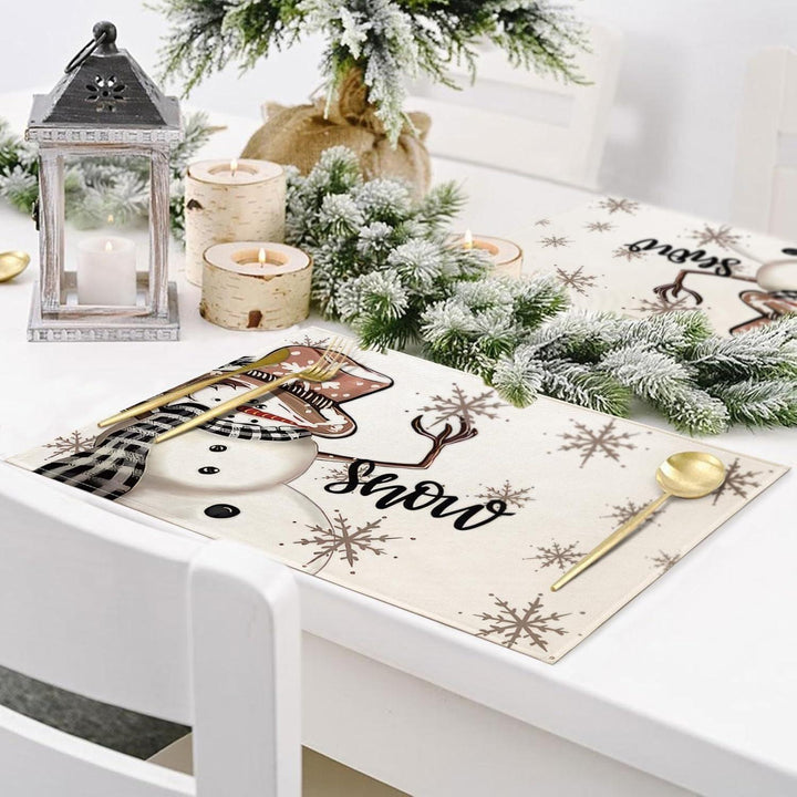 Weihnachts-Tischsets 4er Set 30 x 45 cm | Abwaschbare Platzsets mit Schneemann-Motiv aus wasserabweisendem Leinen-Mischgewebe