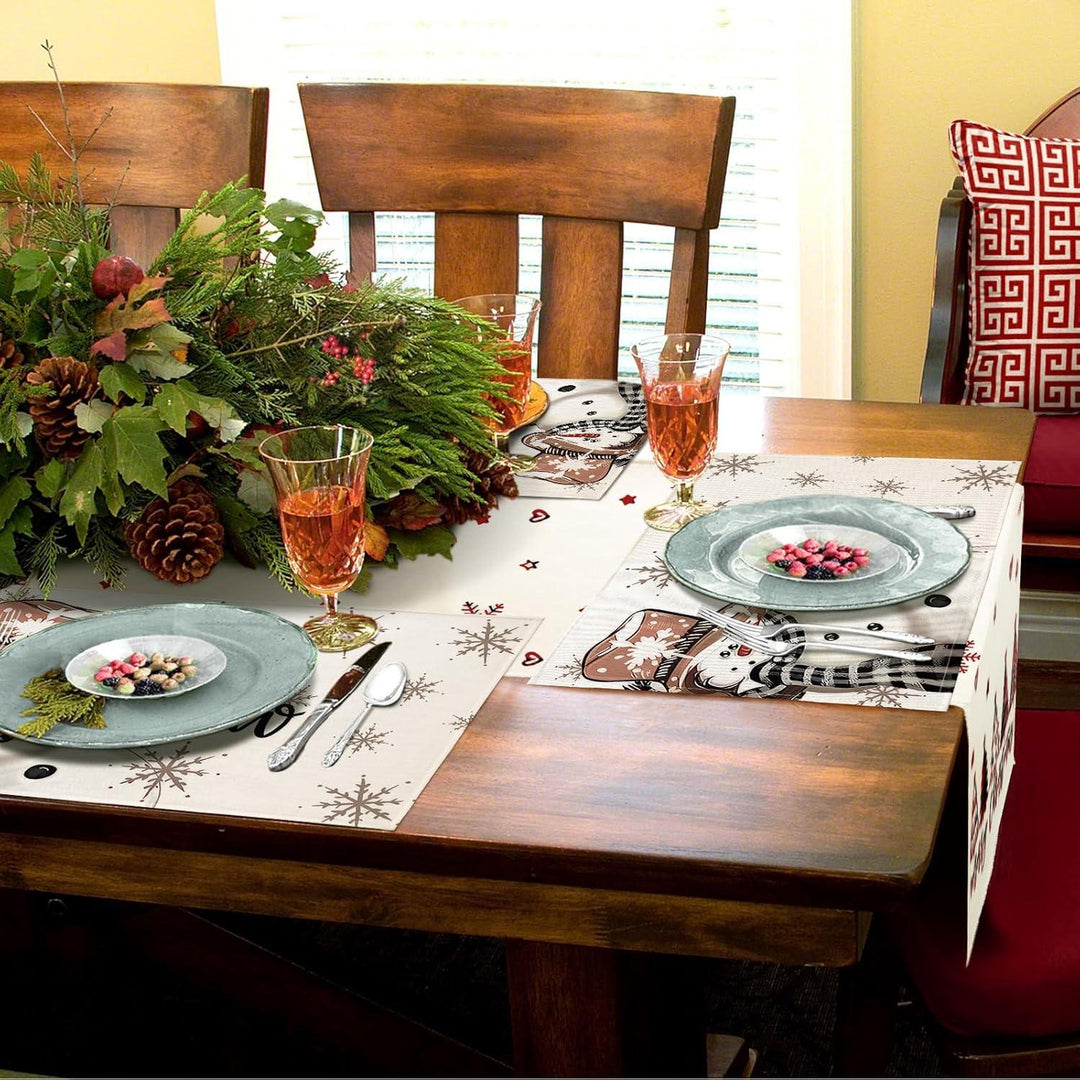 Weihnachts-Tischsets 4er Set 30 x 45 cm | Abwaschbare Platzsets mit Schneemann-Motiv aus wasserabweisendem Leinen-Mischgewebe