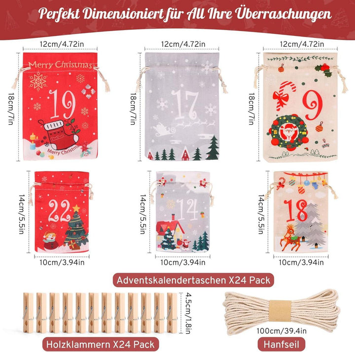 Adventskalender DIY zum Befüllen mit 24 Stoffbeuteln | Wiederverwendbare Weihnachtssäckchen in 2 Größen mit Holzklammern und 10 m Hanfseil