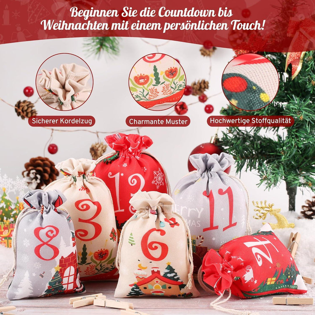 Adventskalender DIY zum Befüllen mit 24 Stoffbeuteln | Wiederverwendbare Weihnachtssäckchen in 2 Größen mit Holzklammern und 10 m Hanfseil